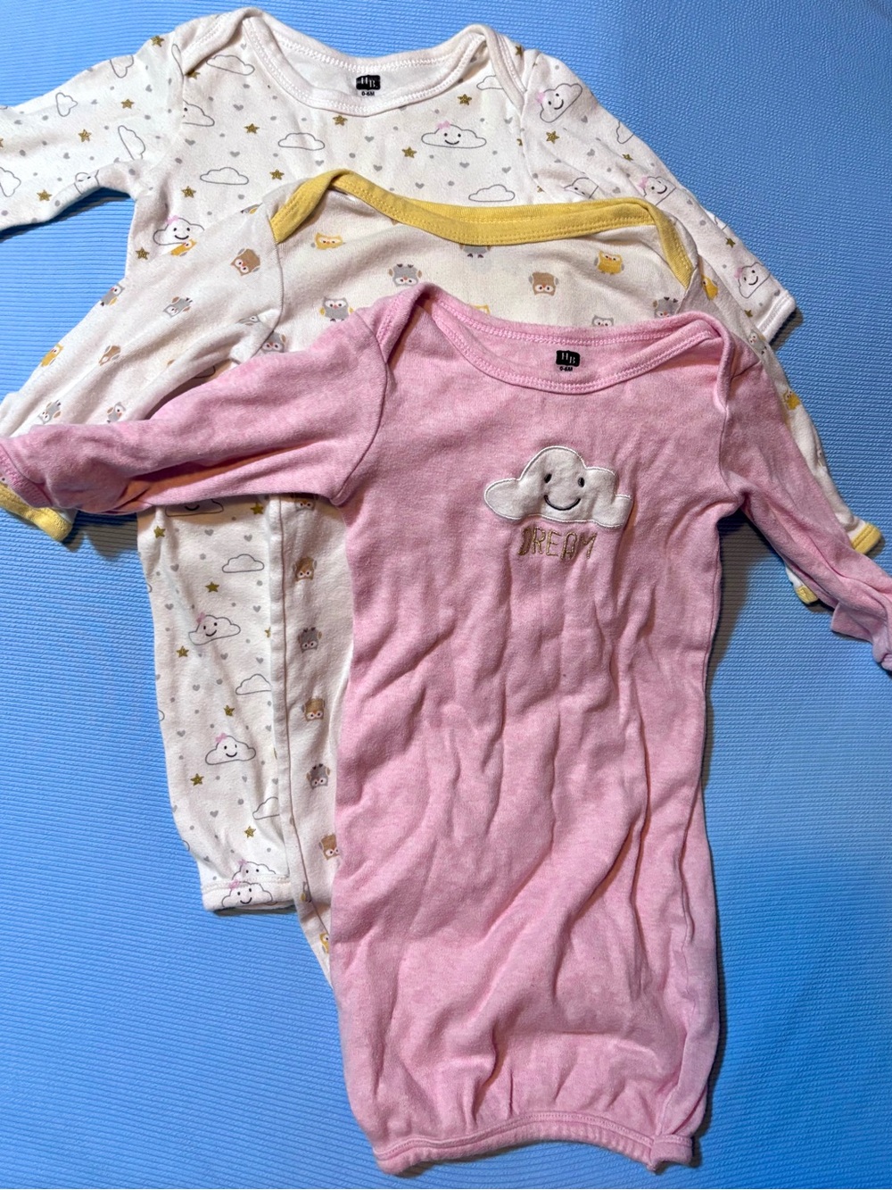 3-Piece Baby Gown Set with Cloud & Owl Prints - Pink, Cream, Yellow